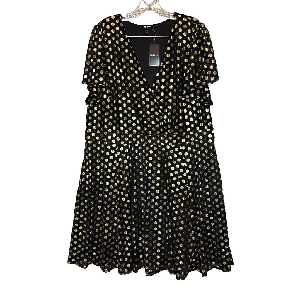 Torrid Women Gold Foil Polka Dot Surplice Mini Mesh Flutter Sleeve Dress 2X